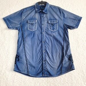 Roar Men's Large Shirt Button Up Short Sleeve Blue Embroidery Detail Pockets Y2K